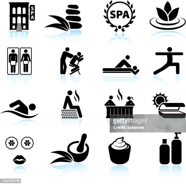 urban spa und entspannung & schwarz-weiß vektor icon-set - sauna und nassmassage stock-grafiken, -clipart, -cartoons und -symbole