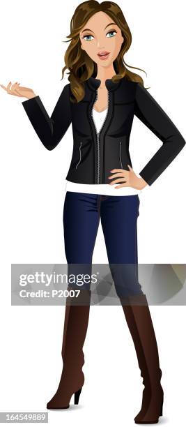 isolierte frau in schwarzem lederjacke - leather jacket stock-grafiken, -clipart, -cartoons und -symbole