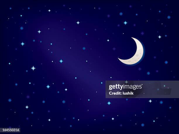 night sky with stars and crescent moon - half moon stock illustrations