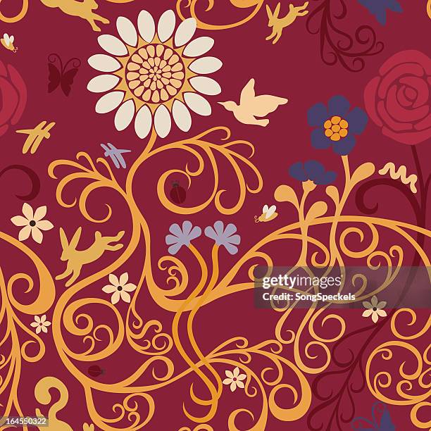 flora and fauna seamless pattern - rose vector vine stock illustrations