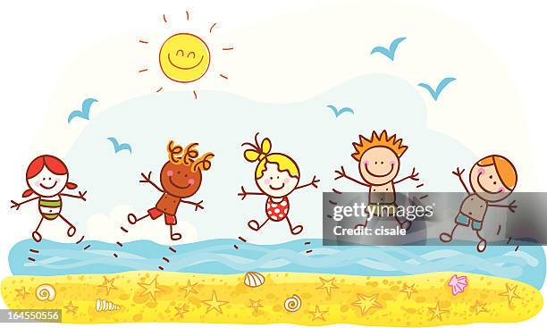 happy summer holiday kids jumping at beach ocean cartoon illustration - person looking at camera stock illustrations