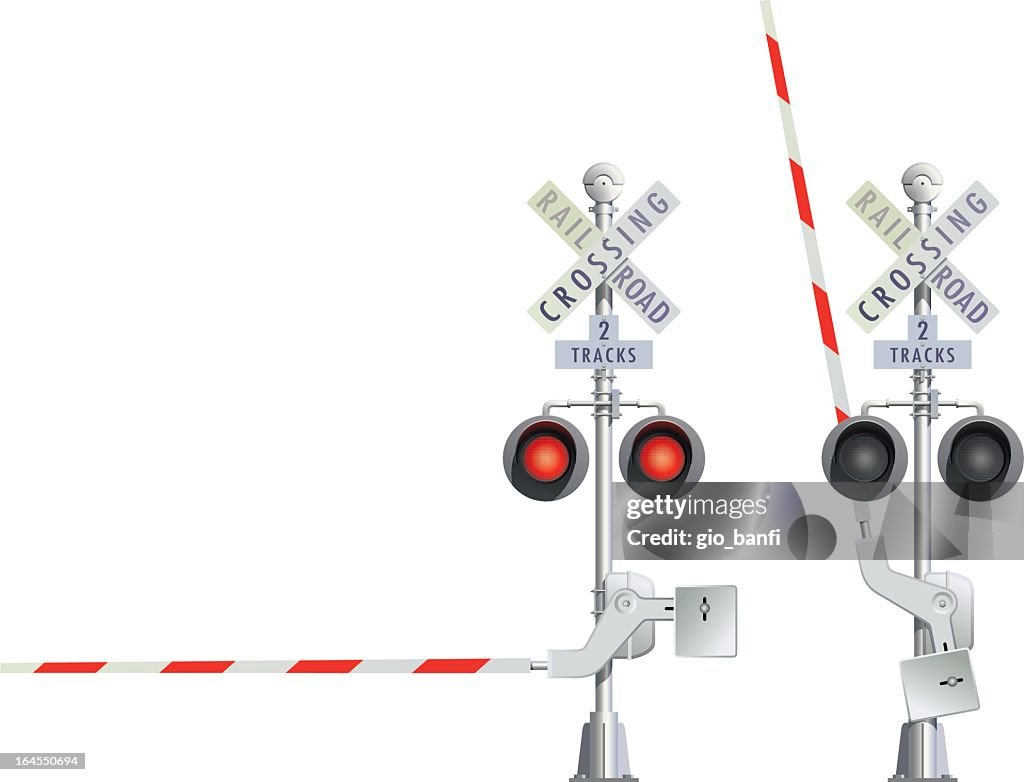 Illustration of two railroad crossing signs in red and white