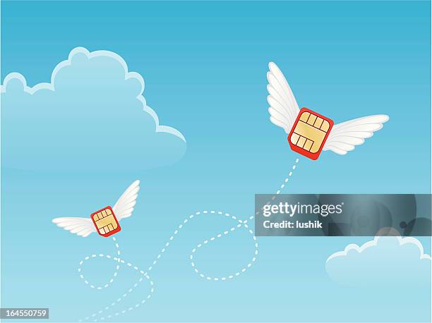 stockillustraties, clipart, cartoons en iconen met flying sim - sim card