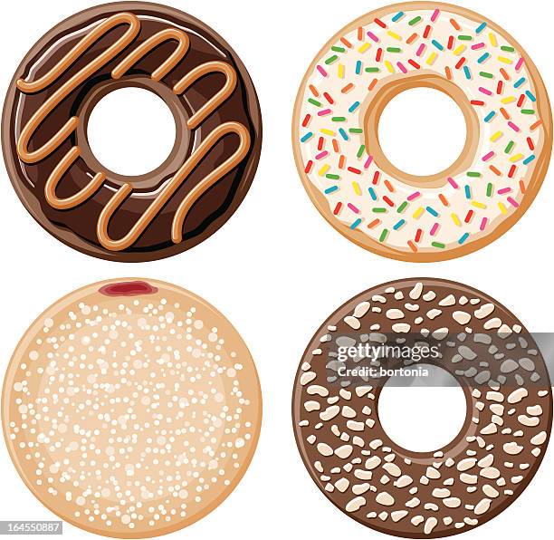 illustrazioni stock, clip art, cartoni animati e icone di tendenza di quattro donuts - zucchero a velo