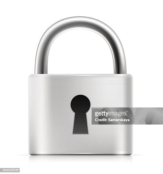 brushed silver padlock on a white background - pad lock stock illustrations
