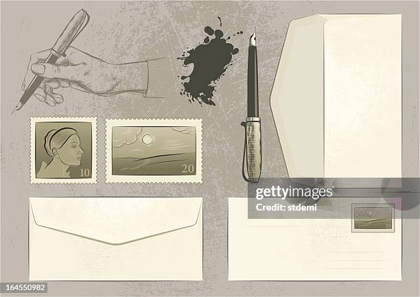 vintage letter set - fountain pen and ink stock illustrations