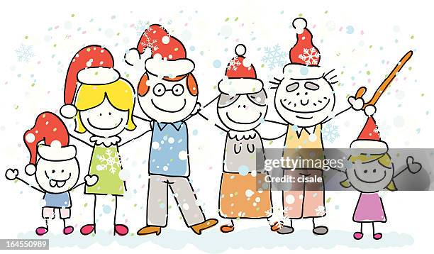 stockillustraties, clipart, cartoons en iconen met family celebrating christmas - kids hugging mom cartoon