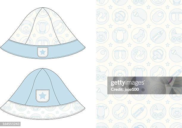 baby boys sun hat with cute icon pattern - blue white summer hat background stock illustrations