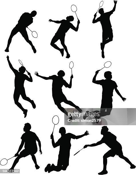 ilustraciones, imágenes clip art, dibujos animados e iconos de stock de silueta de bádminton - badminton racket