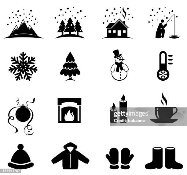 ilustraciones, imágenes clip art, dibujos animados e iconos de stock de temporada de invierno negro & blanco conjunto de iconos vectoriales sin royalties - solsticio-de-invierno