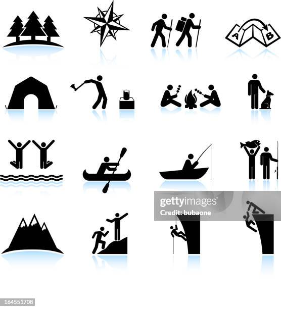 ilustraciones, imágenes clip art, dibujos animados e iconos de stock de actividades al aire libre y acampada excursionismo en verano grupo de iconos - montañismo