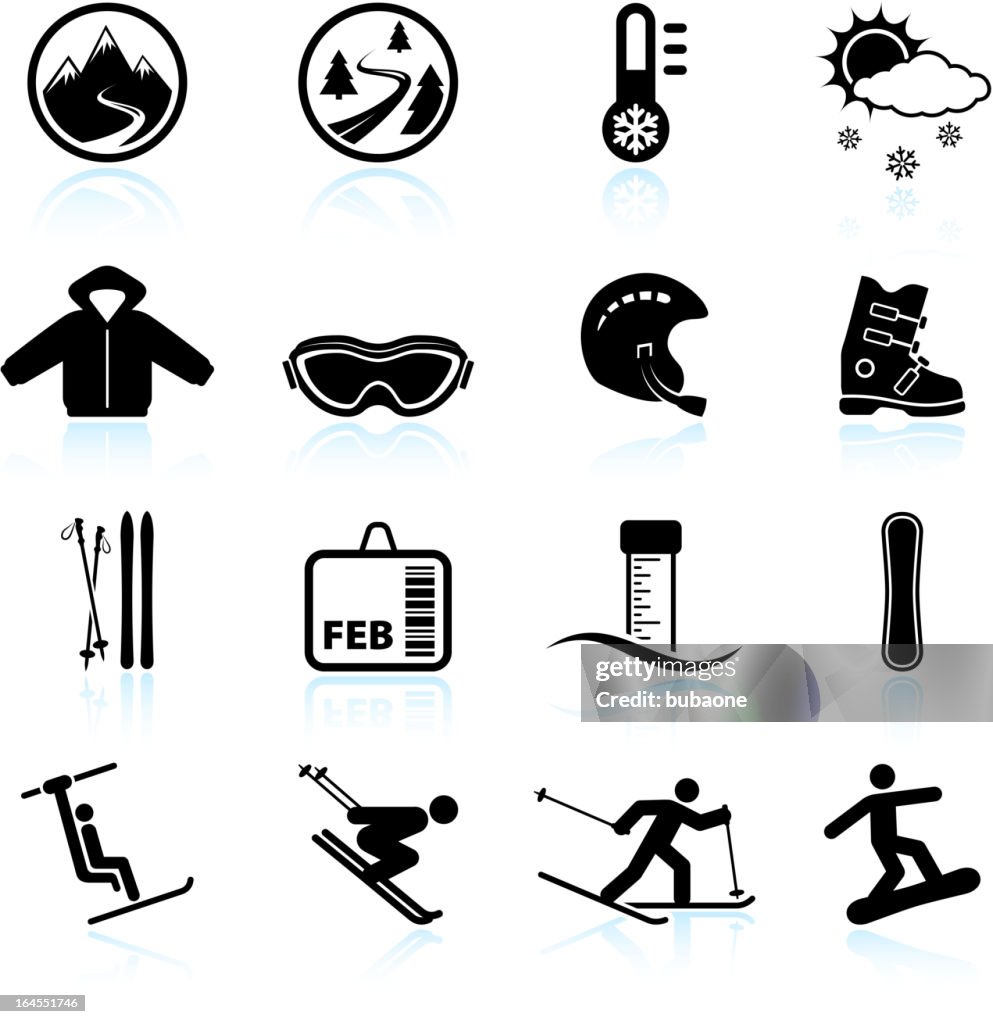 Winter skiing vacation black & white vector icon set