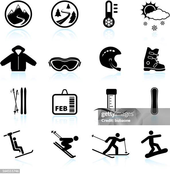 winter skiing vacation black & white vector icon set - freestyle snowboarding stock illustrations