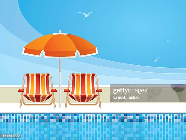 digital illustration of pool chairs and an umbrella by pool - reclining chair stock illustrations