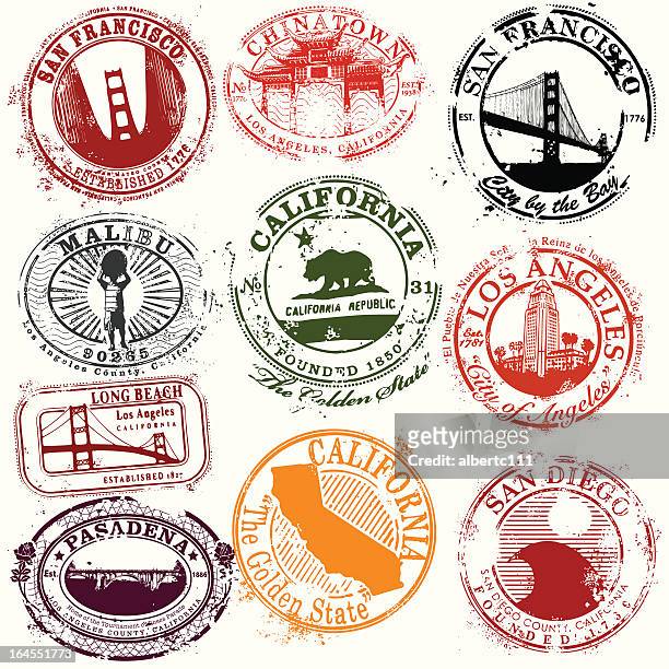 vintage california travel stamps - pasadena california stock illustrations