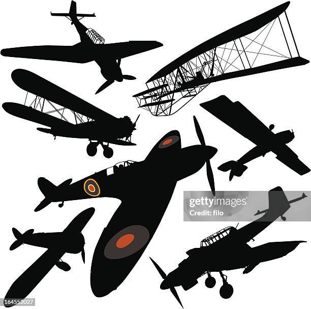 ilustrações, clipart, desenhos animados e ícones de coleção histórica de avião - avião biplano