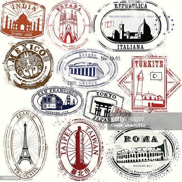 stylish travel stamps from yonder - french culture stock illustrations