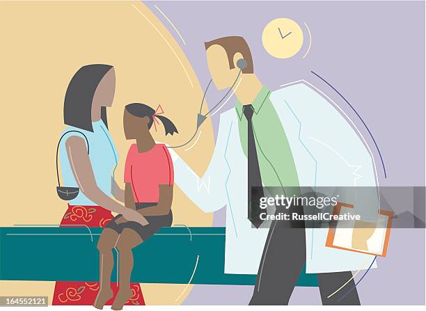 pediatric doctor with patient - sick child and mother in hospital stock illustrations