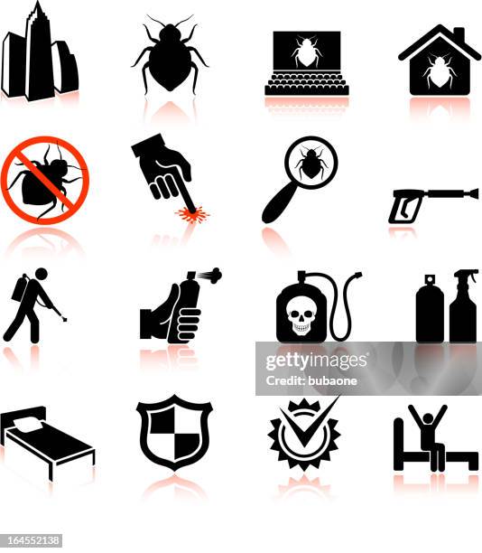 ilustraciones, imágenes clip art, dibujos animados e iconos de stock de chinche epidemia y exterminio negro & conjunto de iconos de vector blanco - repelente