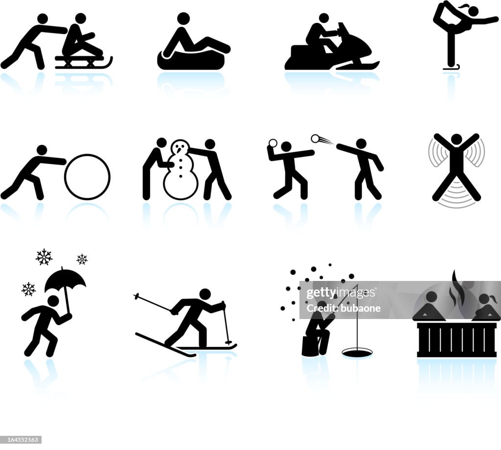 Winter outdoor activities black & white vector icon set