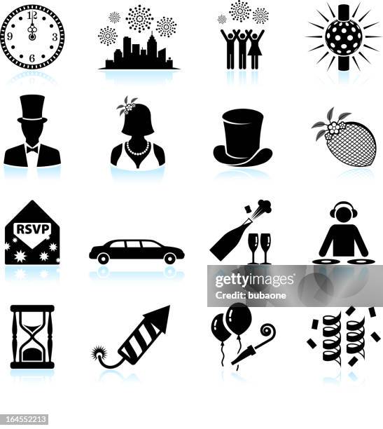 new year party celebration black & white vector icon set - midnight clock vector stock illustrations