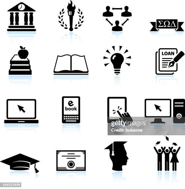 modern college and higher education black & white icon set - higher school certificate stock illustrations