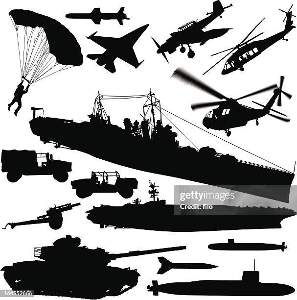 ilustraciones, imágenes clip art, dibujos animados e iconos de stock de guerra silueta elementos - army chopper