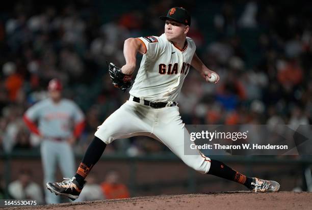 Kyle Harrison of the San Francisco Giants pitches against the Cincinnati Reds in the top of the six inning at Oracle Park on August 28, 2023 in San...