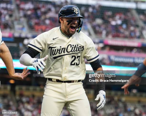 Royce Lewis of the Minnesota Twins celebrates after hitting a grand slam home run against the Cleveland Guardians on August 28, 2023 at Target Field...