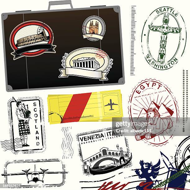travel stamps of olde - african totem poles stock illustrations