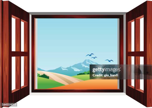 vista sulla campagna - fenster offen stock-grafiken, -clipart, -cartoons und -symbole