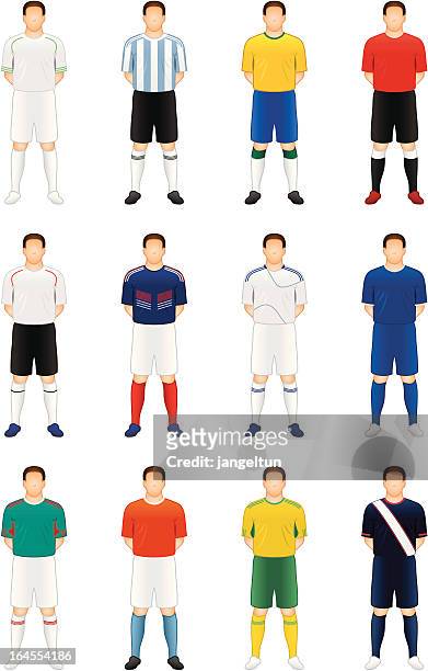 illustrazioni stock, clip art, cartoni animati e icone di tendenza di giocatori di calcio - soccer uniform