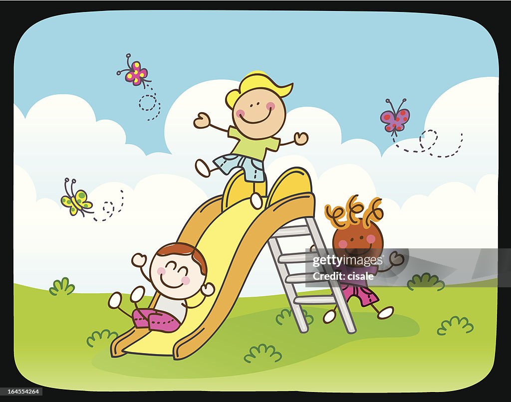 Children playing with slide in summer,spring nature cartoon illustration