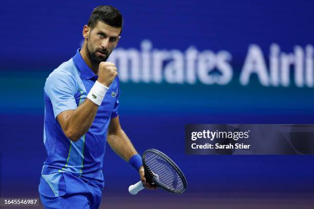 Novak Djokovic of Serbia celebrates a point against Alexandre Muller of France during their Men's Singles First Round match on Day One of the 2023 US...