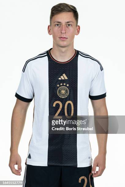 Marius Wörl of U20 Germany poses during the U20 Germany Team Presentation at Hotel Berlin Berlin on September 5, 2023 in Berlin, Germany.