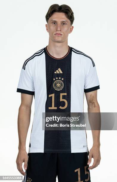 Tim Oermann of U20 Germany poses during the U20 Germany Team Presentation at Hotel Berlin Berlin on September 5, 2023 in Berlin, Germany.