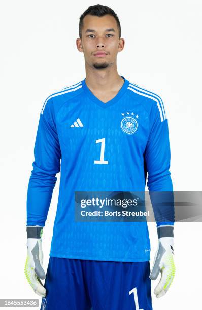 Goalkeeper Mio Backhaus of U20 Germany poses during the U20 Germany Team Presentation at Hotel Berlin Berlin on September 5, 2023 in Berlin, Germany.