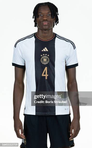 Elias-Geoffrey Bakatukanda of U20 Germany poses during the U20 Germany Team Presentation at Hotel Berlin Berlin on September 5, 2023 in Berlin,...