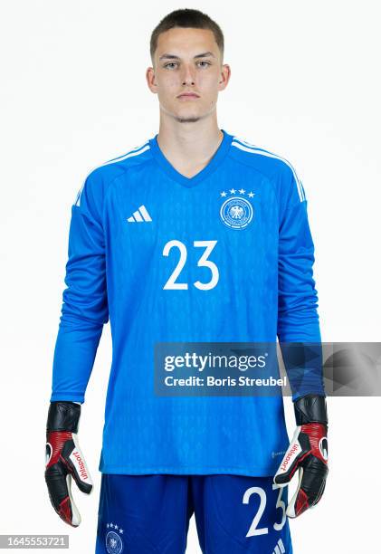 Goalkeeper Frank Feller of U20 Germany poses during the U20 Germany Team Presentation at Hotel Berlin Berlin on September 5, 2023 in Berlin, Germany.