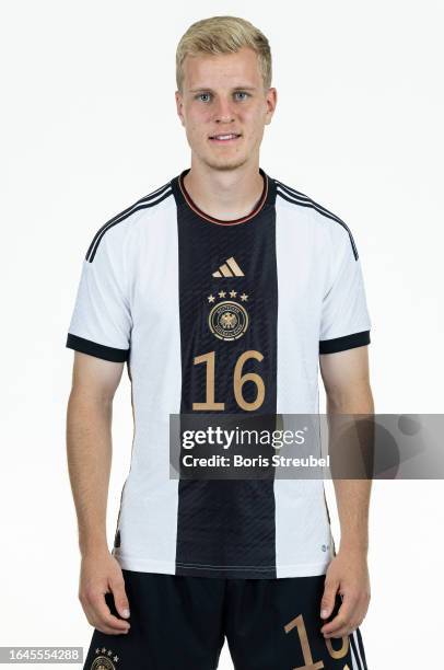 Mattes Hansen of U20 Germany poses during the U20 Germany Team Presentation at Hotel Berlin Berlin on September 5, 2023 in Berlin, Germany.