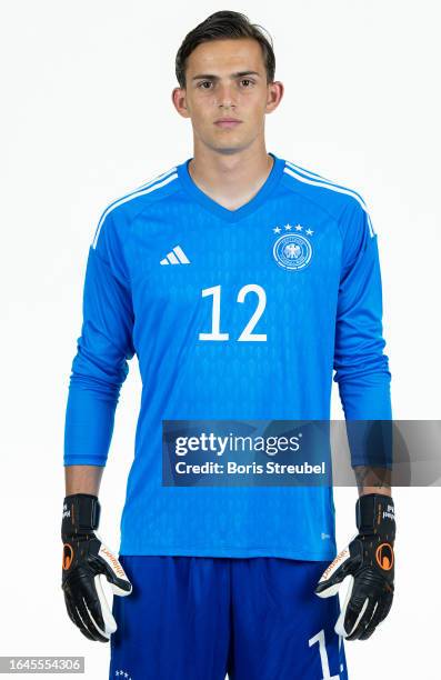 Goalkeeper Nahuel Noll of U20 Germany poses during the U20 Germany Team Presentation at Hotel Berlin Berlin on September 5, 2023 in Berlin, Germany.