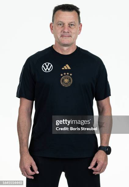 Frank Eisele of U20 Germany staff poses during the U20 Germany Team Presentation at Hotel Berlin Berlin on September 5, 2023 in Berlin, Germany.