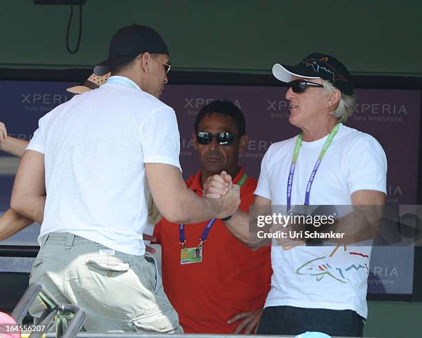 Alex Rodriguez and Greg Norman are seen at the Sony Tennis Open 2013 at Crandon Park Tennis Center on March 24, 2013 in Key Biscayne, Florida.