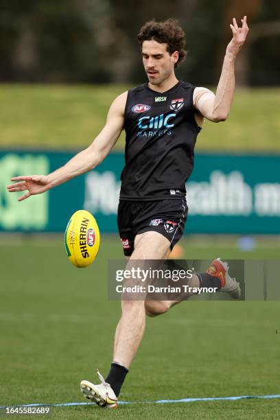 Max King of the Saints kicks the ball during a St Kilda Saints AFL training session at RSEA Park on August 29, 2023 in Melbourne, Australia.