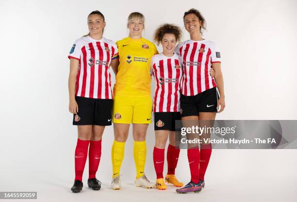Claudia Moan, Mary McAteer, Keira Ramshaw, Elizabeta Ejupi of Sunderland A.F.C. Pose during the Barclays Women's Championship portrait session at St...