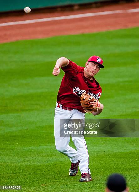 South Carolina shortstop Joey Pankake throws out an Arkansas runner in the fourth inning in Columbia, South Carolina, Sunday, March 24, 2013.