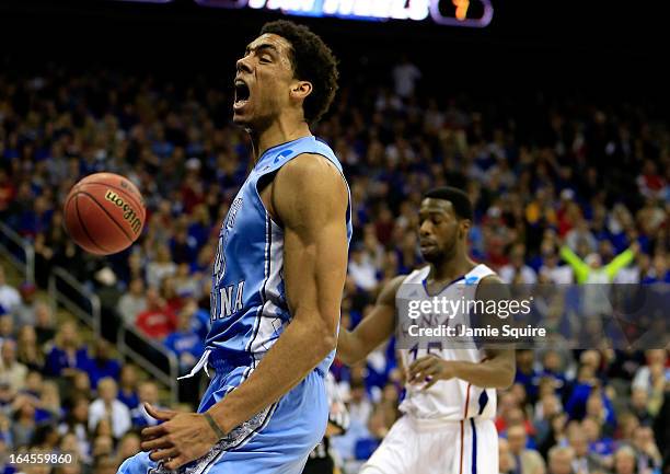 James Michael McAdoo of the North Carolina Tar Heels reacts in the first half against the Kansas Jayhawks during the third round of the 2013 NCAA...