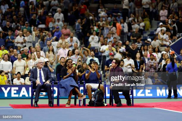 Chairman of the Board and President of the United States Tennis Association Brian Hainline, former first lady of the United States Michelle Obama,...