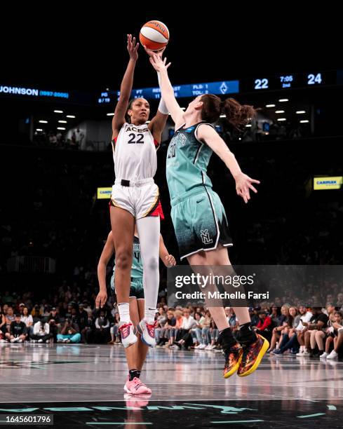 Ja Wilson of the Las Vegas Aces shoots against Breanna Stewart of the New York Liberty at Barclays Center on August 28, 2023 in New York City.
