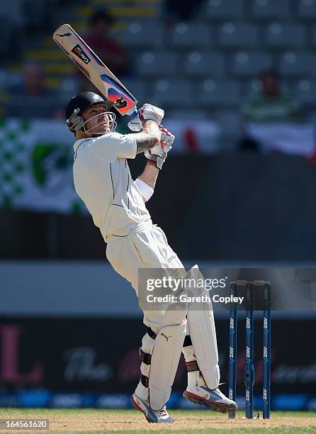 New Zealand captain Brendon McCullum hits out for six runs during day four of the Third Test match between New Zealand and England at Eden Park on...